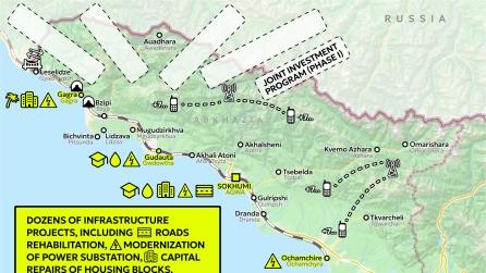 Map of Abkhazia with the yellow road, housing, electricity and other icon and a fifth white patch added saying Joint Investment Phase II, and a yellow text box saying "Dozens of infrastructure projects, including roads rehabilitation, modernization of power substations, etc.".