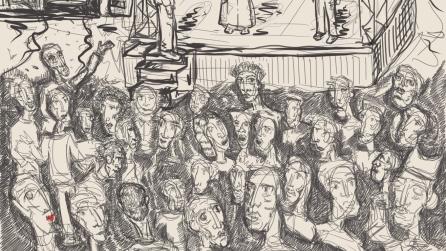 Satirical drawing of the commemoration event at the Krusedol Monastery showing a stage in front of the monastery with text "GDP over dignity".