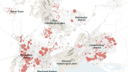 Map of "ownerless" housing in Mariupol marked with red points.