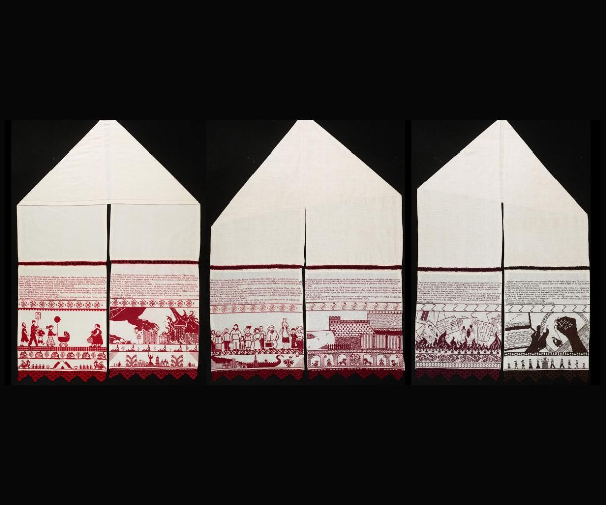 Three ritual towels placed next to each other. 