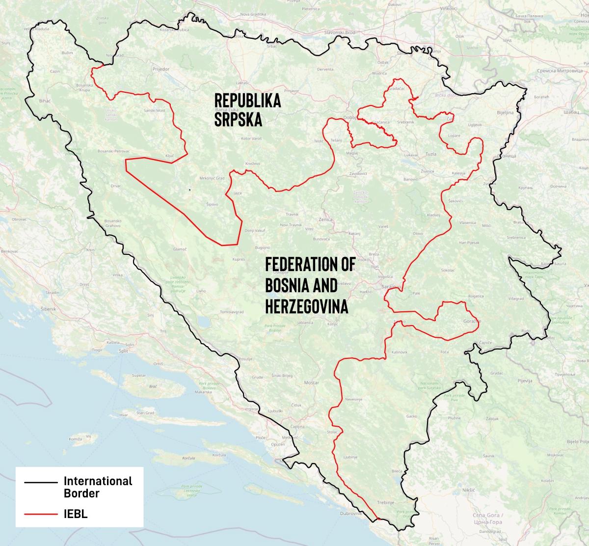 Map representing the territorial division of Bosnia and Herzegovina into two entities with an inter-entity boundary line.