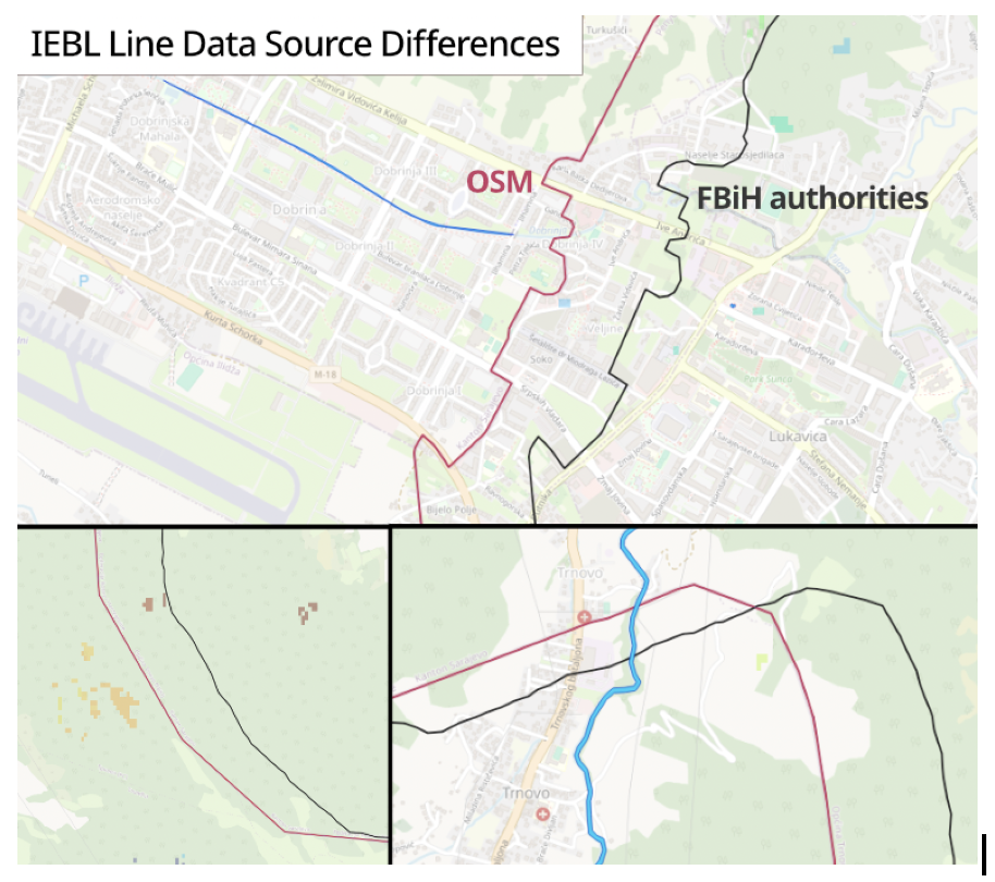 Combination of screenshots comparing IEBL data differences in two sources, OSM and FBiH.