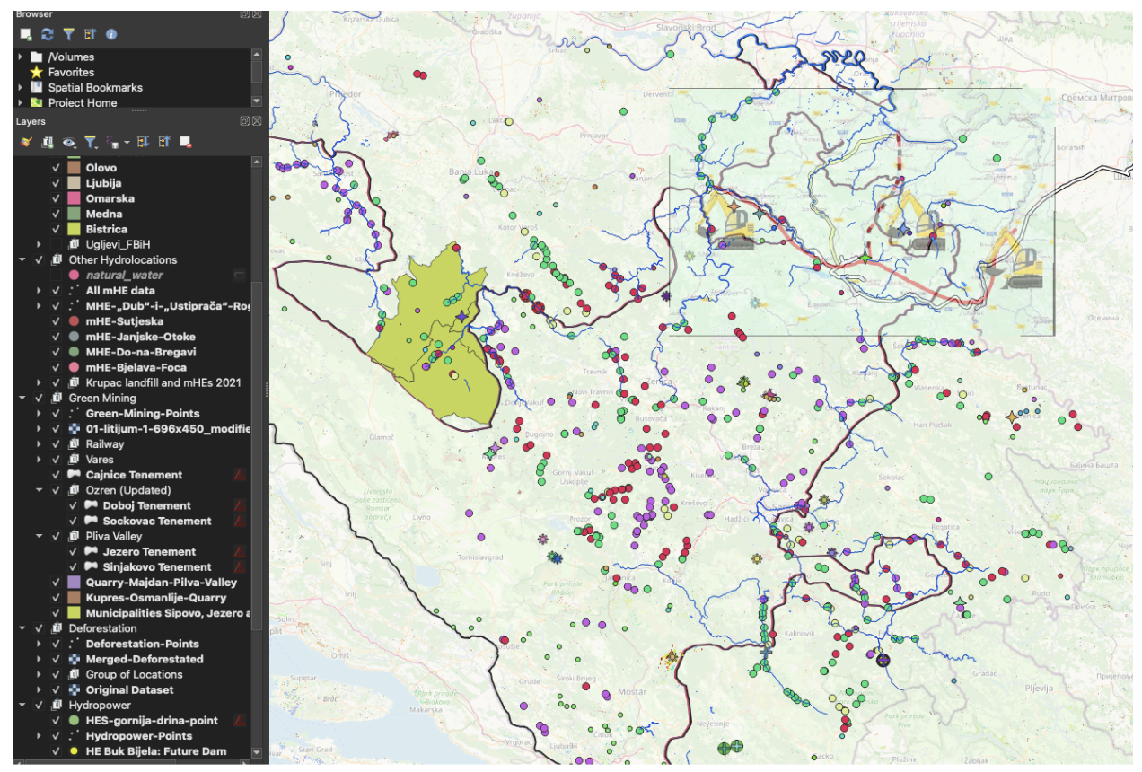 Screenshot of QGIS file showing map of BiH with multiple sites marked with points.