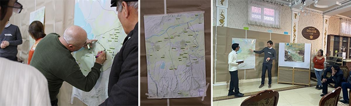 Images from the participatory workshop showing farmers in the Fergana Valley working with mapping.