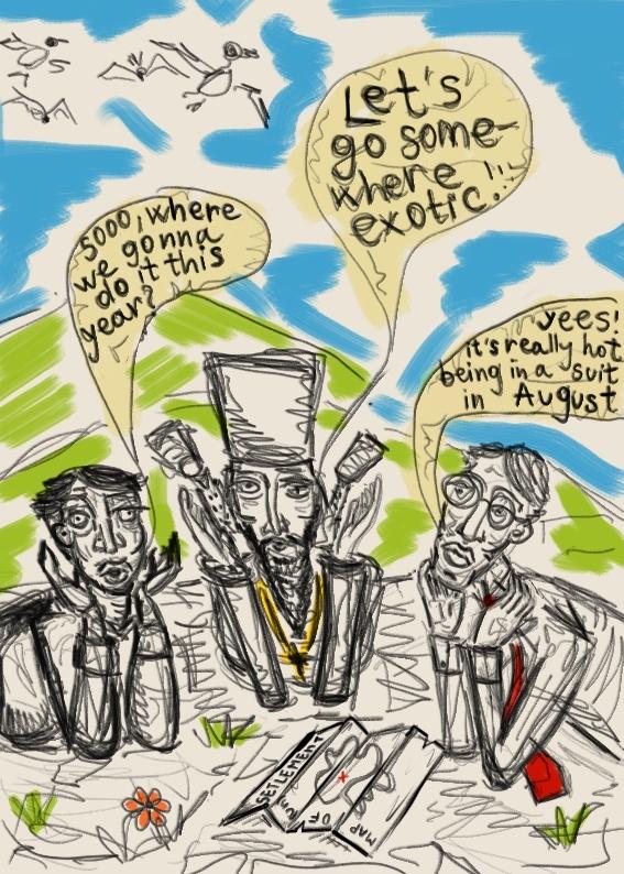 Drawing of three men looking at a map and choosing a location where to go next year.