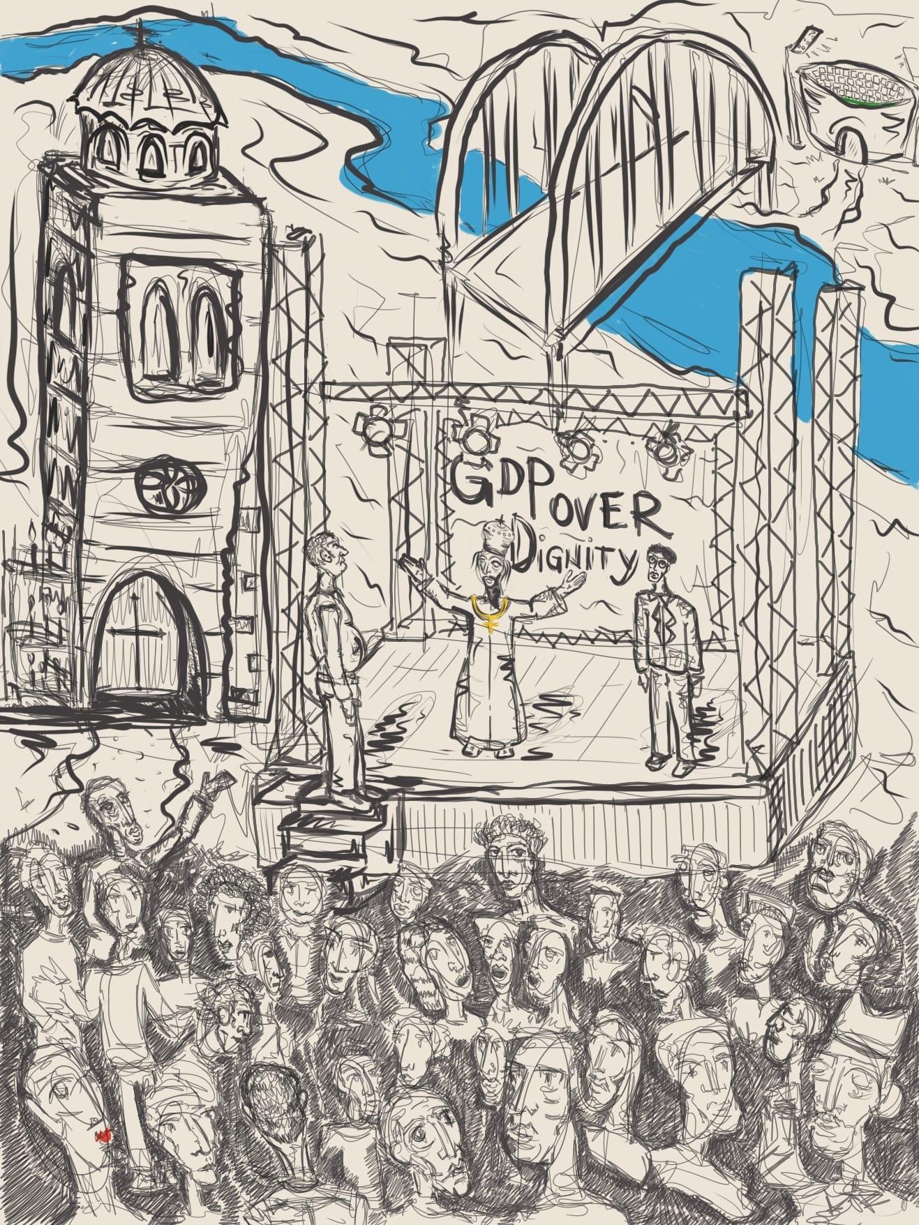 Satirical drawing of the commemoration event at the Krusedol Monastery showing a stage in front of the monastery with text "GDP over dignity".