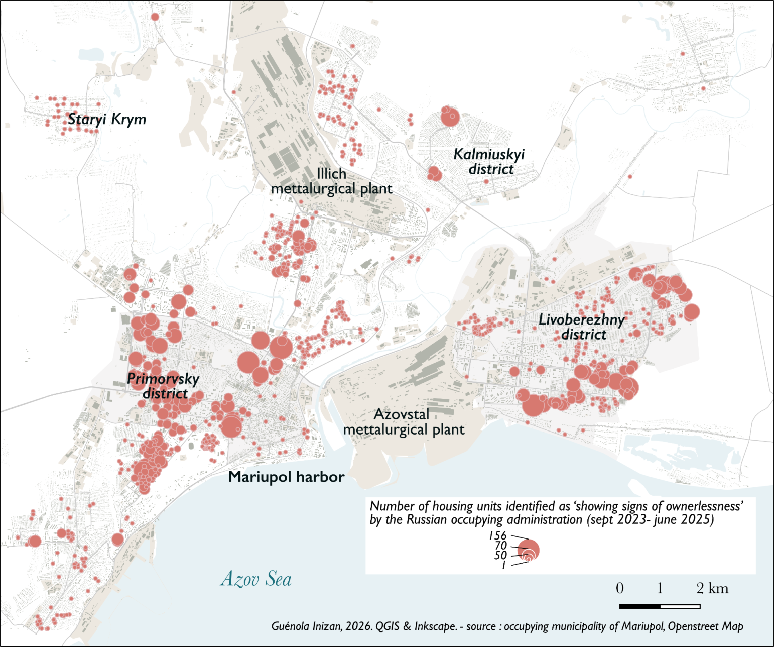 Map showing all units marked as ownerless in Mariupol in relation to districts and industrial areas.