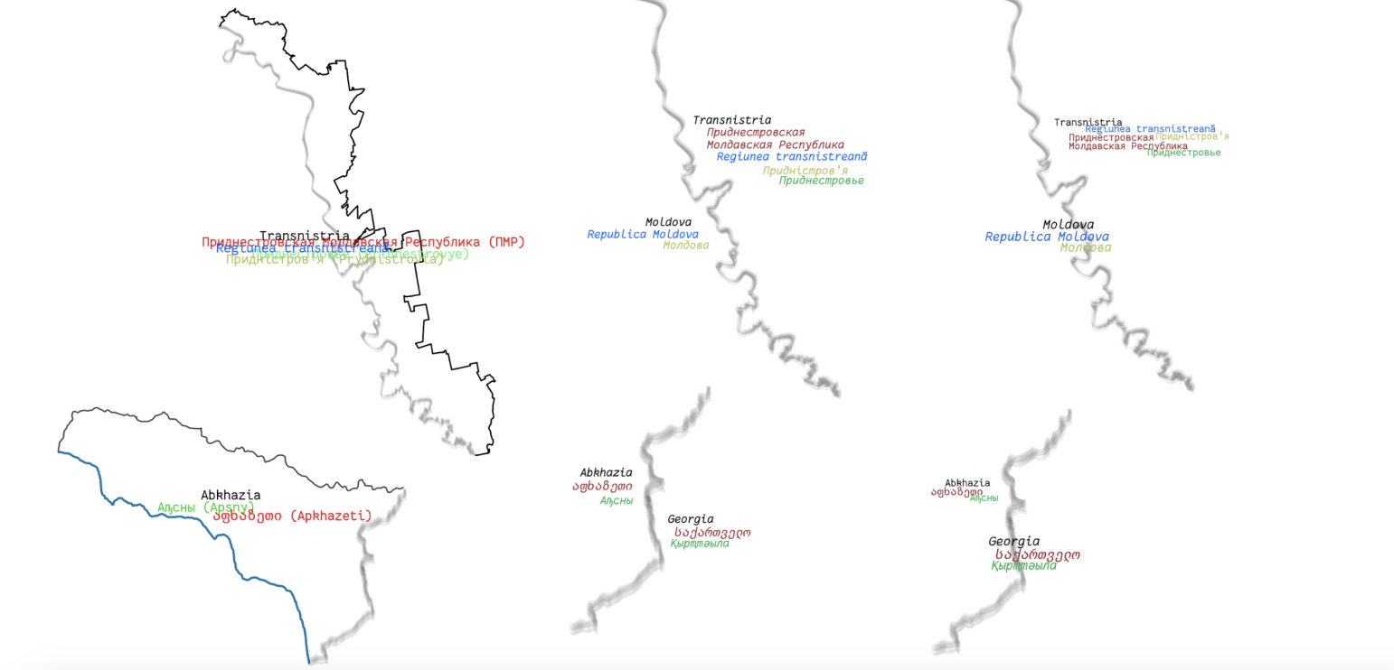 Different versions of the Transnistria and Abkhazia borderline maps, starting from showing the entire territories with overlapping name labels, ending with showing only the contested borderline and labels in a clearer format.