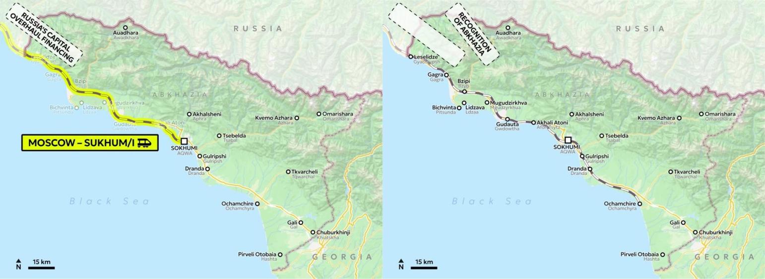 Two maps of Abkhazia from the case showing the use of 'patches', semi-transparent white rectangles with dashed outline representing invisible infrastructure.