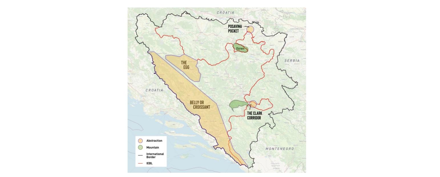 Map of BiH with highlighted areas marked as territorial issues and named in an absurd way as the egg, the pocket, or a croissant.