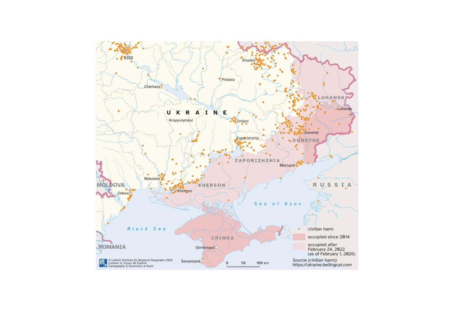 Map of Ukraine with indicated occupied areas in red colour and civilian harm sites marked with orange points.