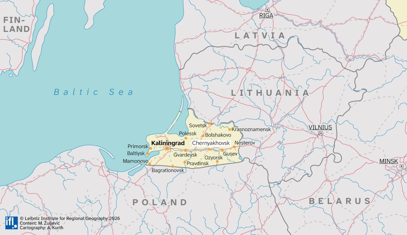 Map of Kaliningrad Oblast showing its towns and its position in relation to neighbouring states.