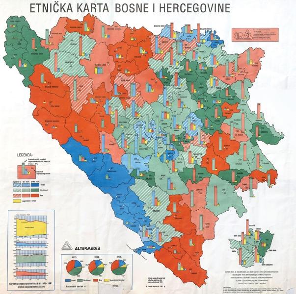 Ethnic map indicating different ethnicities in red, blue, green and mixed patterns.
