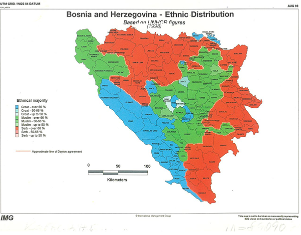 Ethnic map showing different ethnicities in choropleth areas marked with red, blue or green.