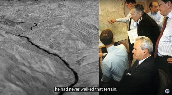 Split screen with Powerscene terrain visualisation on the left and group of men shown looking at the screen in the mapping room in Dayton on the right 