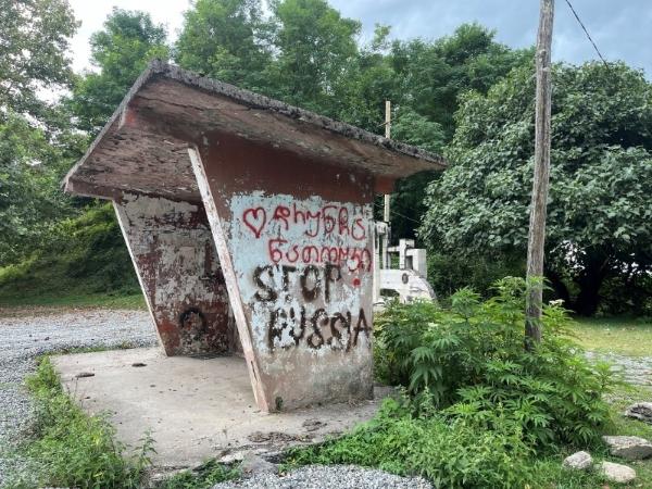 Derelict bus stop marked with grafitti and surrounded by trees.