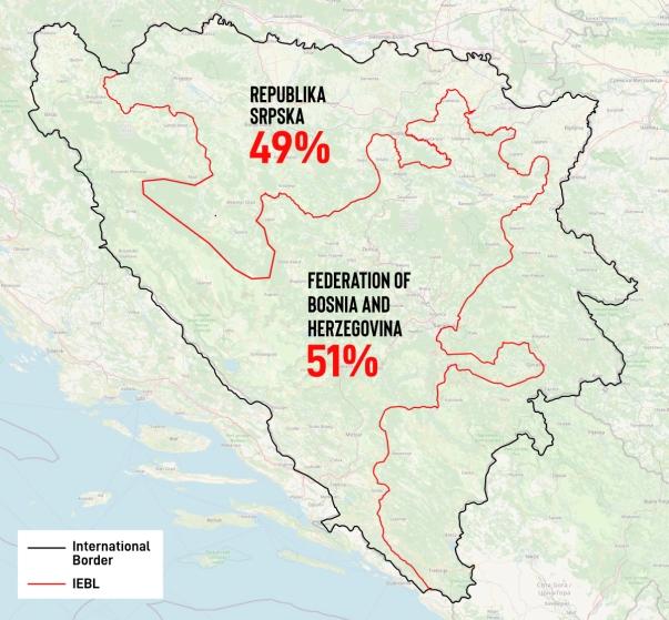 Map representing the territorial division of Bosnia and Herzegovina into two entities with an inter-entity boundary line, including the percentage allocation in 51:49 ratio.