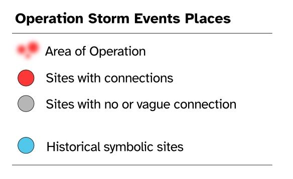 Legend indicating icons for area of operation, sites with connections, sites with no or vague connection and hystorical symbolic sites.