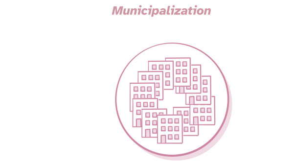 Outline illustration of buildings stacked over each other in a circle.