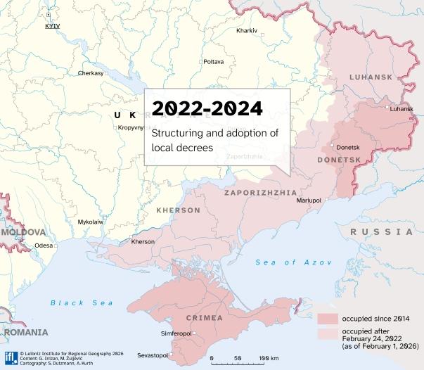 Map of Ukraine showing occupied areas and information about laws adopted from 2022 to 2024.