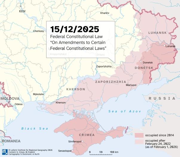 Map of Ukraine showing occupied areas and information about a law adopted by Russian administration in December 2025.