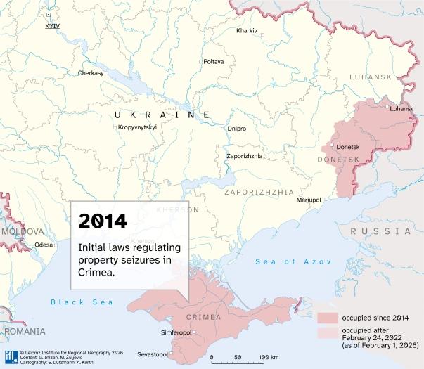 Map of Ukraine with highlighted occupied regions in 2014 and text box marking the law adopted in Crimea on ownerless housing in 2014.