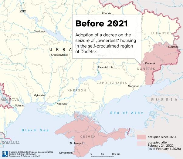 Map of Ukraine with indicated occupied regions after 2014, and a text box on the laws on ownerless housing adopted before 2021.