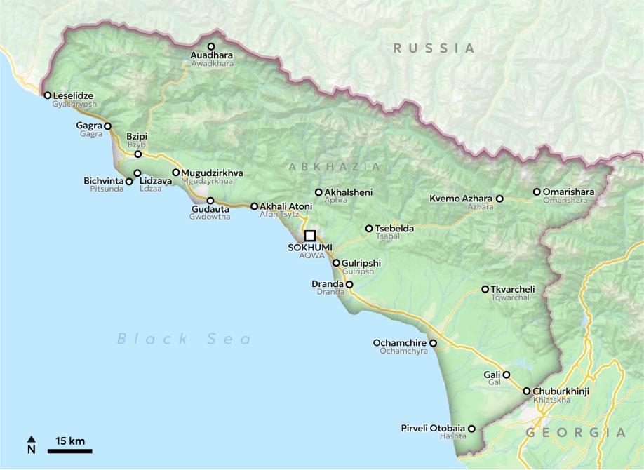 Map of Abkhazia with indicated new borderline in red dashed line.