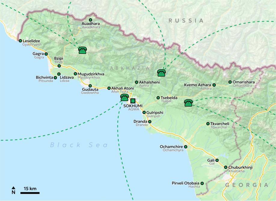 Map of Abkhazia with icons representing telecommunication connections with Russia, Georgia and beyond. 