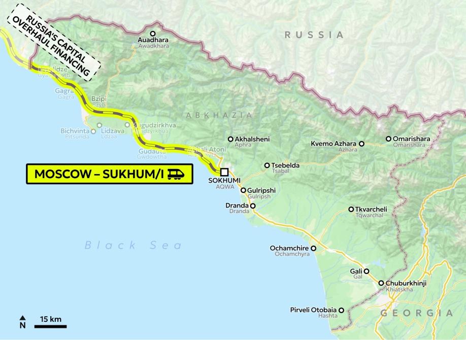 Map of Abkhazia withthe indicated railway connection Sochi-Sokhumi and a white patch with dashed black outline positioned over the border with Russia, saying "Russia's capital overhaul financing".