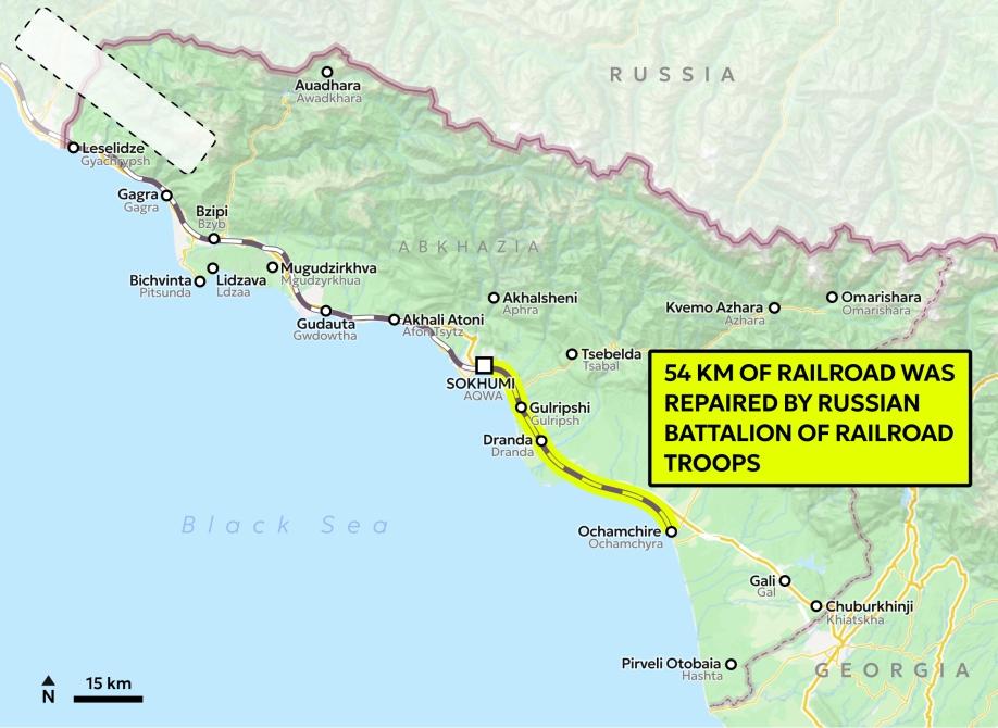 Map of Abkhazia with the indicated railway connection Sokhumi-Ochamchire and a yellow text box saying "54 km of railroad repaired by Russian batallion of railroad troops".