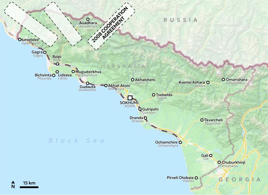 Map of Abkhazia with a third white patch with dashed black outline positioned over the border with Russia, saying "2008 cooperation agreement".