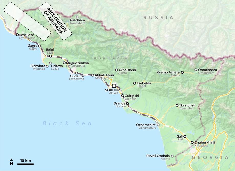  Map of Abkhazia with a second white patch with dashed black outline positioned over the border with Russia, saying "Recognition of Abkhazia".