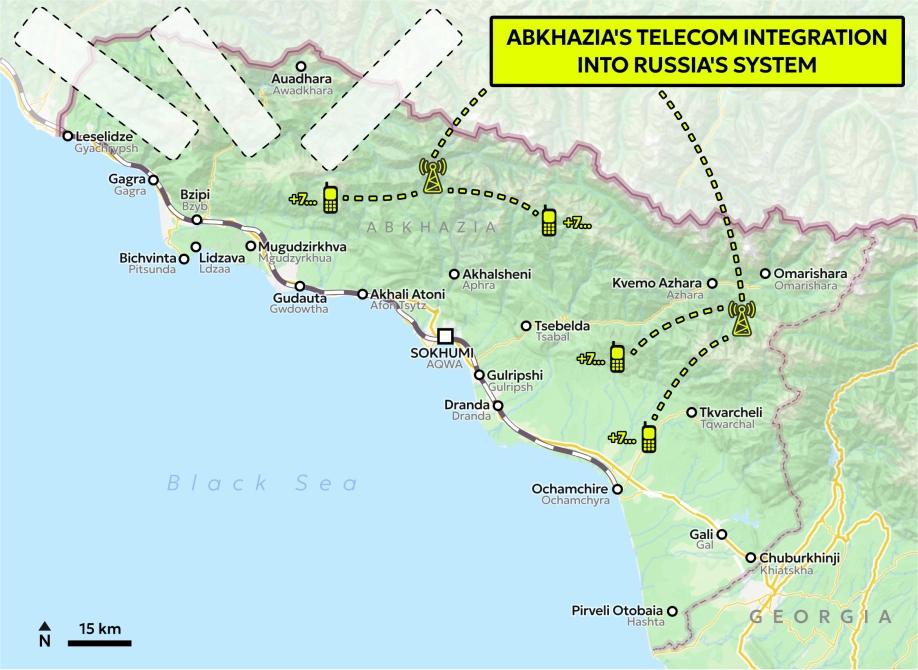 Map of Abkhazia with the indicated communication lines in yellow and a yellow text box, saying "Abkhazia's telecom integration into Russia's system".