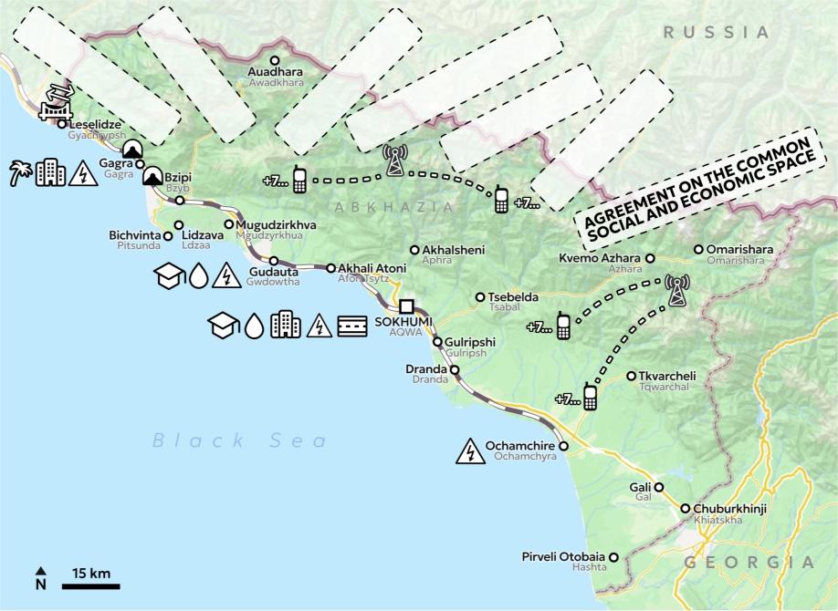 Map of Abkhazia showing the patch for a new agreemen added to a series of patches placed over the Russia-Abkhazia border.