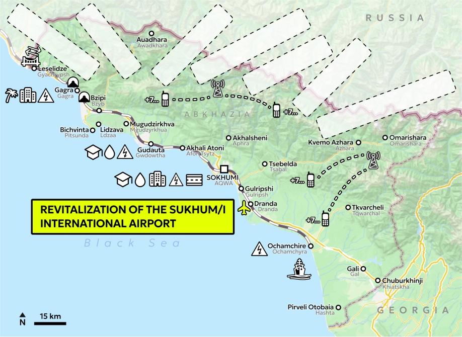 Map of Abkhazia showing icon for the airport in Sokhumi.