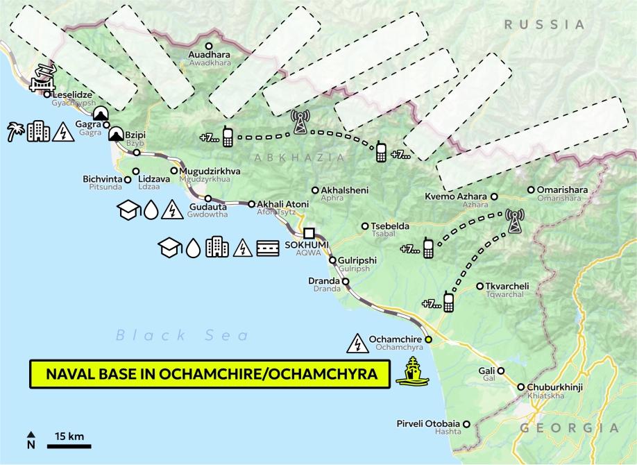 Map of Abkhazia showing icon for the naval base in Ochamchire.