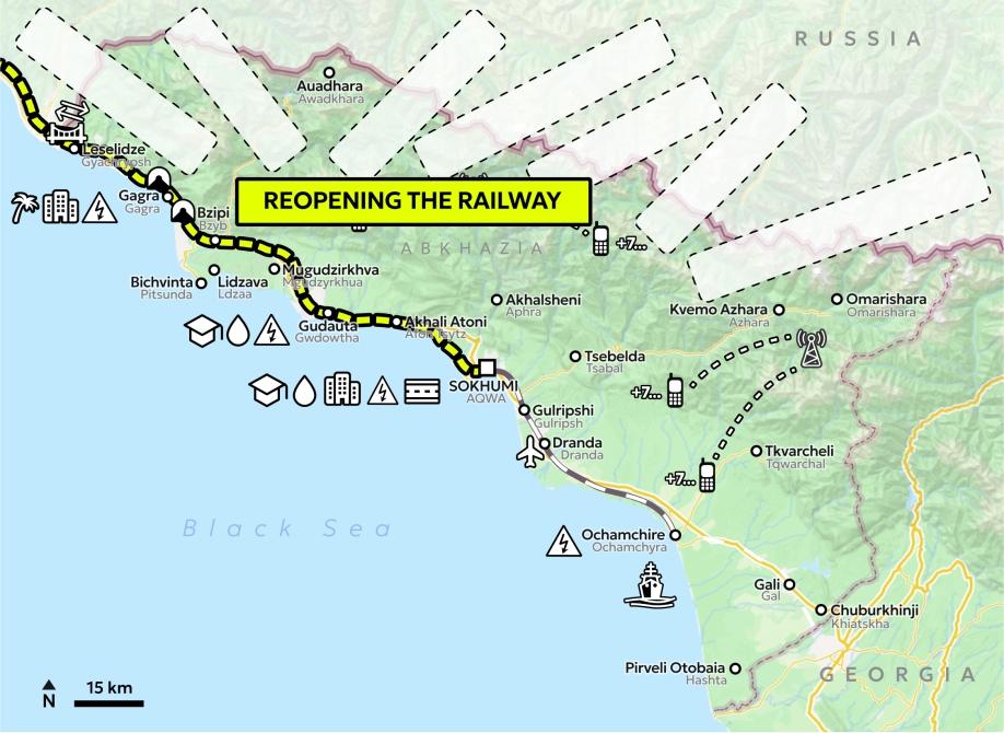 Map of Abkhazia showing railway project along the coastline with a yellow-black line symbol and a yellow text box saying "Reopening the Railway". 