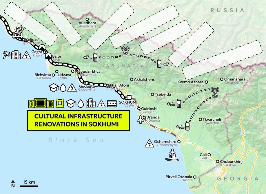 Map of Abkhazia showing icons for cultural projects and a yellow text box saying "Cultural infrastructure renovation projects in Sokhumi".