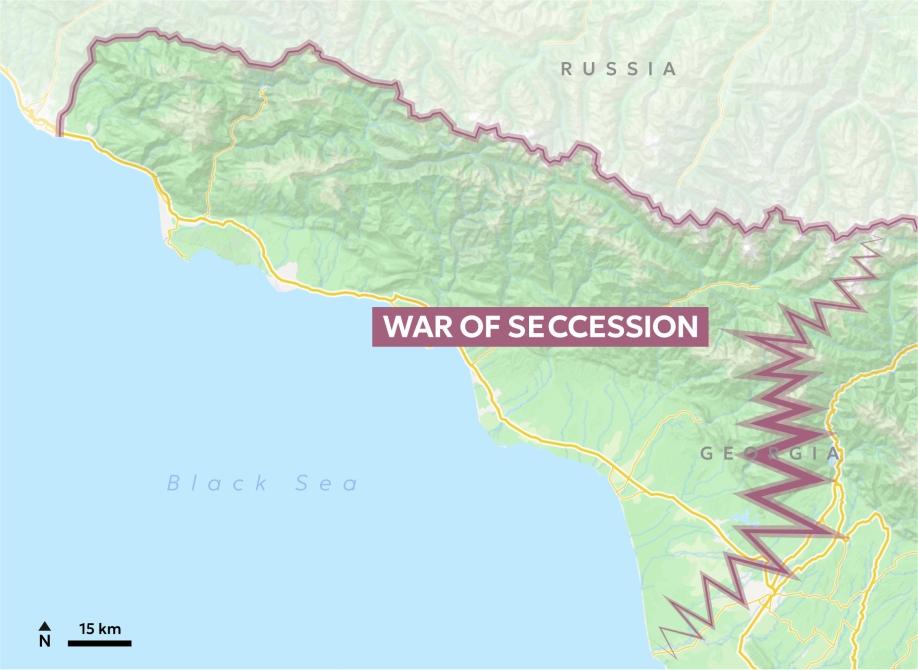Map of Abkhazia with a zig-zag symbol indicating war and secession from Georgia.