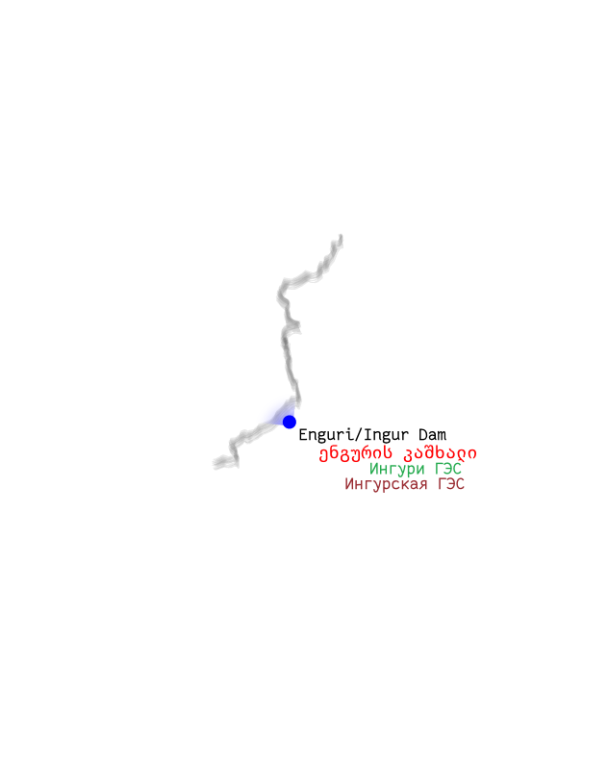 Map of Abkhazia contested borderline in blurred treatment with indicated position of Engur/Inguri Dam.