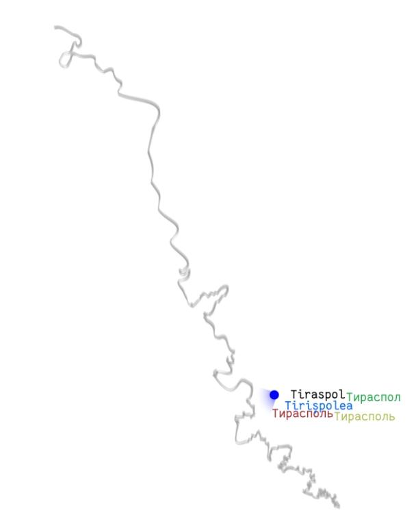 Point showing where Tiraspol is in relation to the blurred line of the contested border.