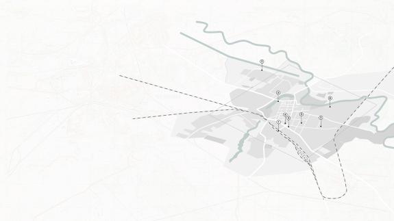 Axonometric plan showing excursion path marked with numbers per sites.