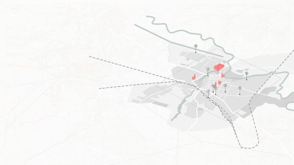 Axonometric plan showing excursion path marked with numbers per sites.