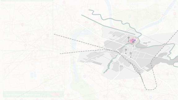 Axonometric plan showing excursion path marked with numbers per sites.