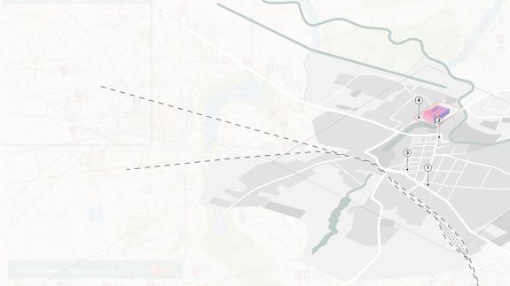 City isometry in grey colours marking sites with 1-4 numbers and showing the castle in a blue-red combination of colours.