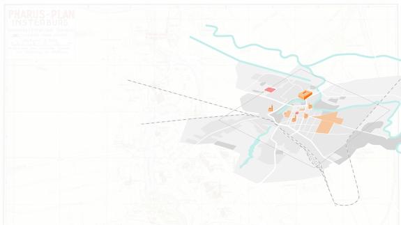 Axonometric plan showing synagogue and Lithuanian village sites in red colour.