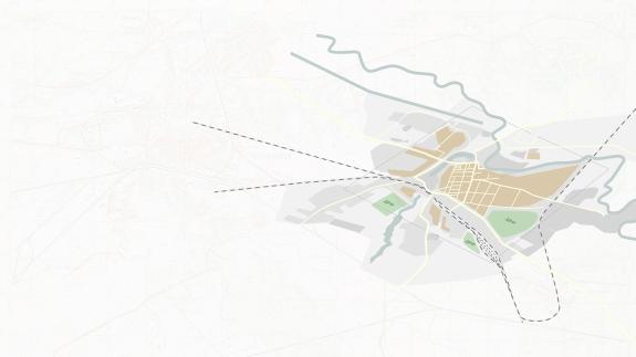 Isometric map with marked streets in yellow, built areas in orange and grey, and dacha (urban gardens) in green. 