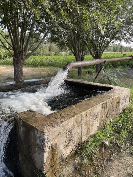 Irrigation pipe with water flowing into a well.