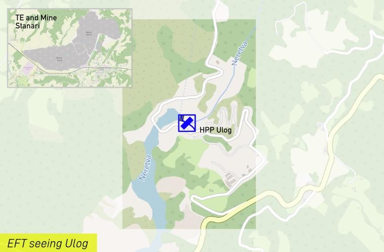 Map of Ulog HPP micro-scale area of the construction and environmental permit with an inset map of the Stanari thermal plant.